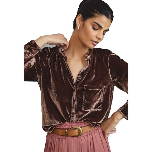 Anthropologie Pilcro Crushed Velvet Femme Buttondown Shirt Cocoa sz XXSP Brown - Picture 1 of 16